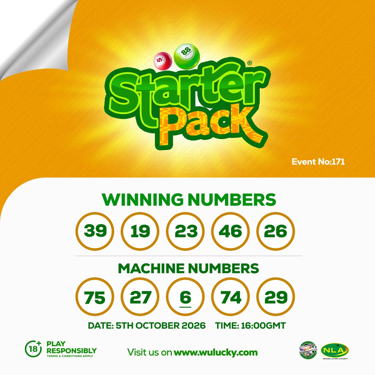 wuluckygh's tweet photo. 2026/10/05 - 16:00GMT- WULUCKY 5/88 STARTER PACK LIVE DRAW - EVENT NO: 171
Live Draw by WuluckyGhana Limited. Regulated by the NLA.

Winnings can be requested or toggled to be received instantly! No one does it better!! 

Wulucky!! Play small, WIN BIG!!

#winbig #wuluckygh #playsmall #cikapuduo #odogwuhour #wulucky588 #wulucky590