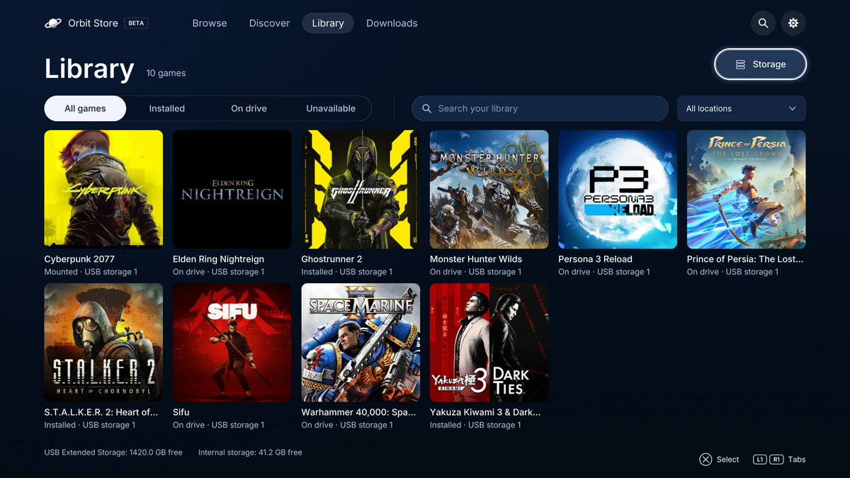Techjunkie_Aman's tweet photo. Orbit Store just turned a jailbroken PS5 into its own game download manager.

No PC is required for the downloading part.

You can browse the catalogue directly on your TV, choose a source and storage location, then queue downloads straight to the PS5 or an attached drive.

• Native TV interface
• Browse, search and filter games
• Single-file FFPFSC/exFAT downloads
• Pause, resume, retry and reorder
• Download to internal or attached storage
• Phone control over your local network
• Library management through ShadowMount
• Four connections for supported downloads
• No account or telemetry

And no, you don't specifically need an SSD.

But Orbit Store doesn't directly install or launch games. It's a download manager. The downloaded files can be managed through compatible tools like ShadowMount.

Orbit Store 0.7.0 is still an experimental beta, so full console validation is ongoing.

Would you use Orbit Store on your jailbroken PS5?