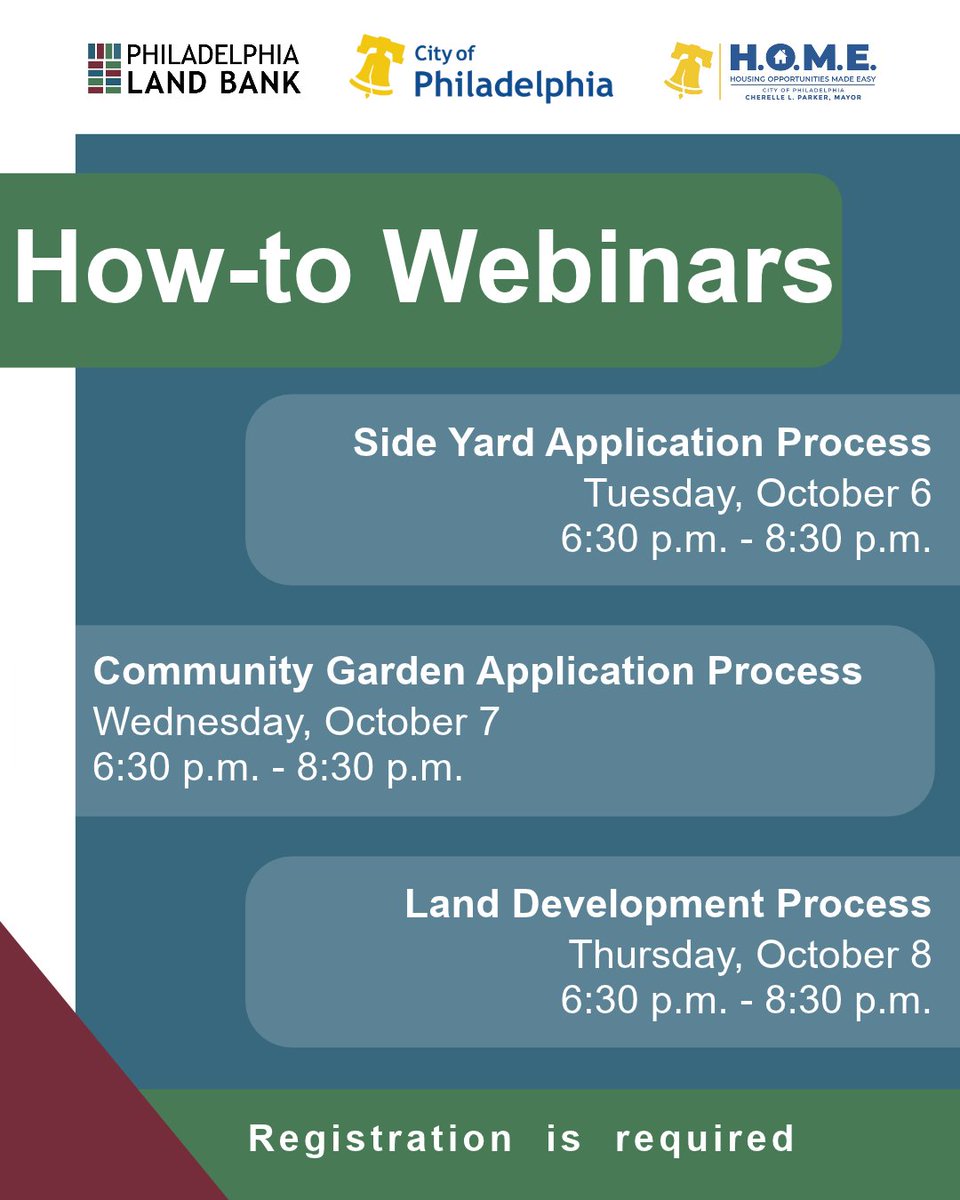 PHLPlanDevelop's tweet photo. #PhilaLandBank is offering three upcoming how-to webinars for the community. Registration for each webinar is required. 

Register now and get more information at https://t.co/RH7zlyjsqU https://t.co/vulAoLqNdV