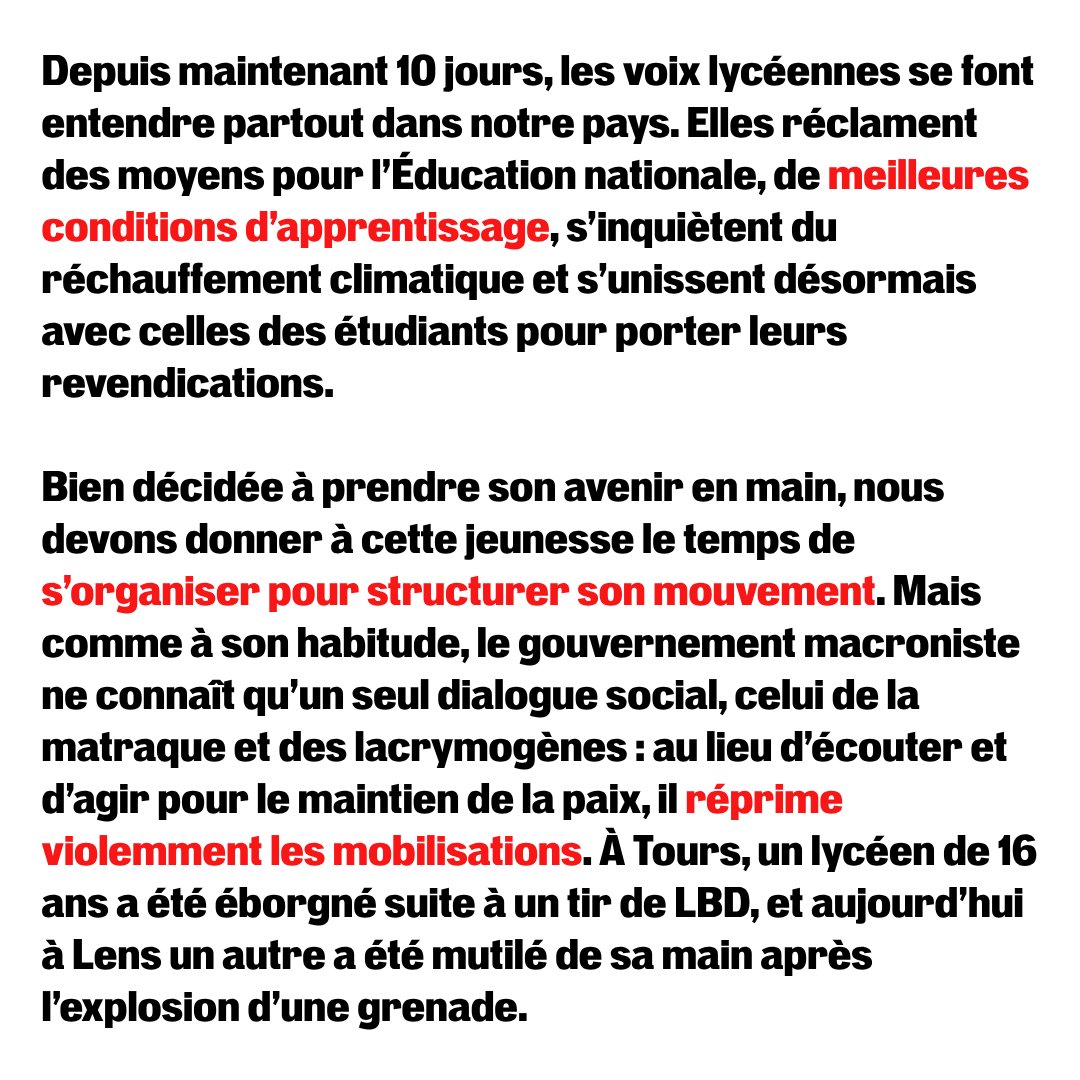 MLepvraud's tweet photo. 🔴 Mon communiqué de presse concernant les mobilisations lycéennes : les jeunes réclament leurs droits,  Macron réprime leurs voix ! https://t.co/FfOGHjL8Rj