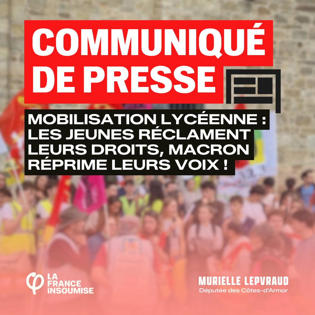 MLepvraud's tweet photo. 🔴 Mon communiqué de presse concernant les mobilisations lycéennes : les jeunes réclament leurs droits,  Macron réprime leurs voix ! https://t.co/FfOGHjL8Rj