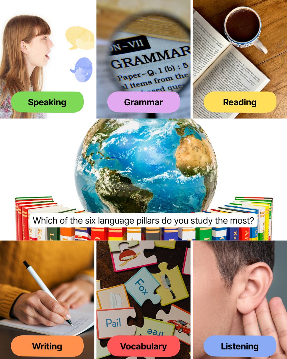 WLC_UNLV's tweet photo. Which of the six language pillars do you study the most? 👀

🗣️ Speaking
🎧 Listening
📖 Reading
✍️ Writing 
🔤 Grammar 
🧠 Vocabulary 

Which one gets most of your study time? https://t.co/EiDRSlyufg