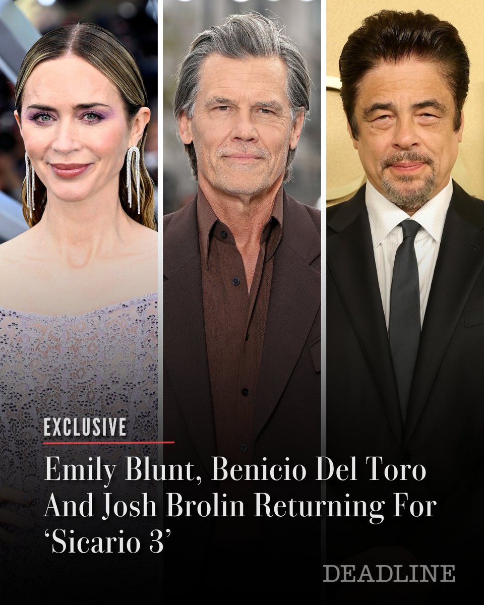 DEADLINE's tweet photo. EXCLUSIVE: Emily Blunt, Benicio Del Toro and Josh Brolin look ready to return to the land of the wolves as sources tell Deadline that Black Label Media and Thunder Road are bringing back the team for 'Sicario 3.'⁠
⁠
Padraic McKinley is on board to direct, with Oscar nominee Steven Knight penning the script. 

Read more details here: https://t.co/2hAWfyzKlD

(Photos: Getty)