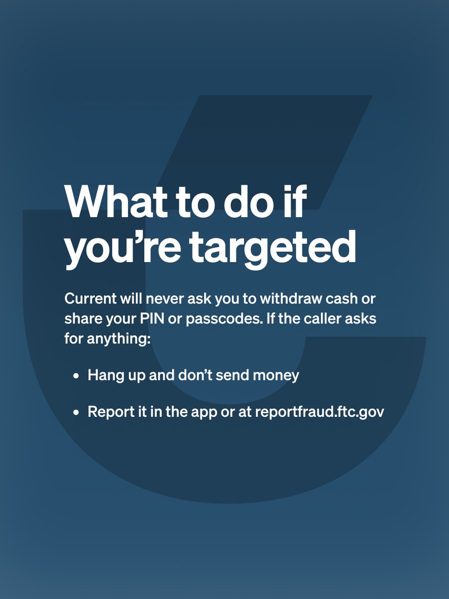 current's tweet photo. AI scams are on the rise, and your best defense is to stay informed and vigilant. Follow the steps above if you think you’re being targeted. 🔒 https://t.co/FXj2uWYpv8