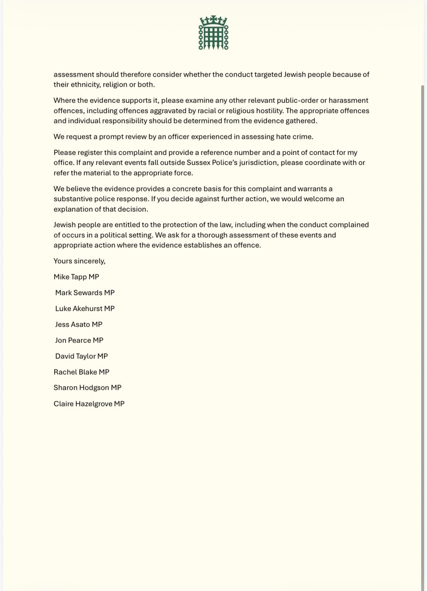 MikeTappTweets's tweet photo. Today, with colleagues, I have written to Sussex police about potential antisemitic offences being committed at the Green Party conference in Brighton.
And to the EHRC seeking an investigation into potential breaches of the equality act.
I will update you when I hear back. This is important for our great country.