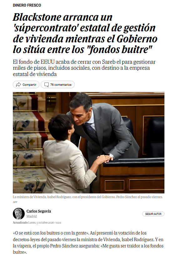 SPAINonymous's tweet photo. PP y PSOE peleando por las Generales, el PSOE te pide vota contra los fondos buitre que viene la derecha

Mientras Sanchez le da toda la vivienda pública del país al fondo buitre de Netanyahu BlackStone 

#Eleccionesespaña https://t.co/nhYluAAggX