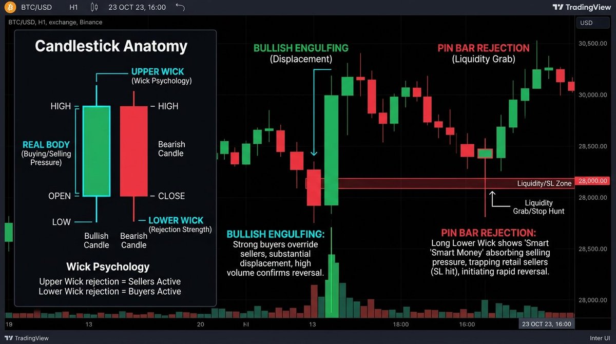 TheStrategistC's tweet photo. The #1 mistake retail traders make with candlesticks:

They see a long lower wick and instantly click BUY because textbook TA calls it a "Bullish Pin Bar".

90% of the time, they get stopped out 2 candles later.

Here is the institutional truth about candlestick wicks:

1. Wicks are NOT support. Wicks are footprints of smart money hunting resting stop-loss liquidity.

2. An exhaustion wick occurs on declining volume—price will revisit and fill the entire wick.

3. An absorption wick occurs on 2x+ average volume where passive limit orders absorb market selling.

4. The Entry Rule: Never enter on the wick formation. Wait for the NEXT candle to close back inside the previous candle's body (reclaim).

If the wick doesn't displace price immediately, it is a liquidity magnet, not a bottom.

Bookmark this before taking your next candle pattern trade.