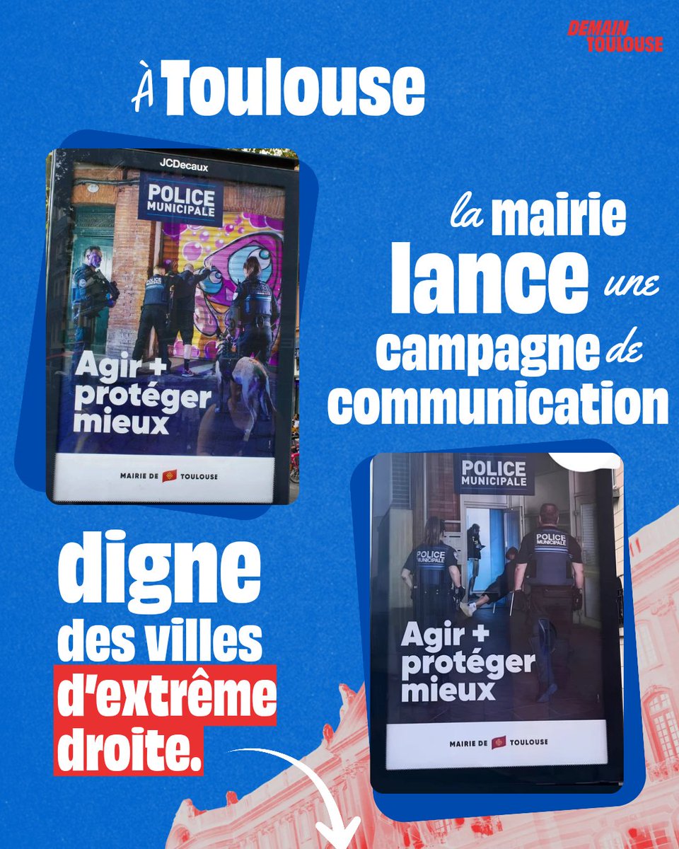 ToulouseDemain's tweet photo. Toulouse n'est pas une vitrine pour les idées de l'extrême droite.

La mairie de Toulouse rejoint les villes dirigées par l'extrême droite en lançant une campagne d'affichage mettant en scène la police municipale dans un registre sensationnaliste. https://t.co/aBdwvoTOt9