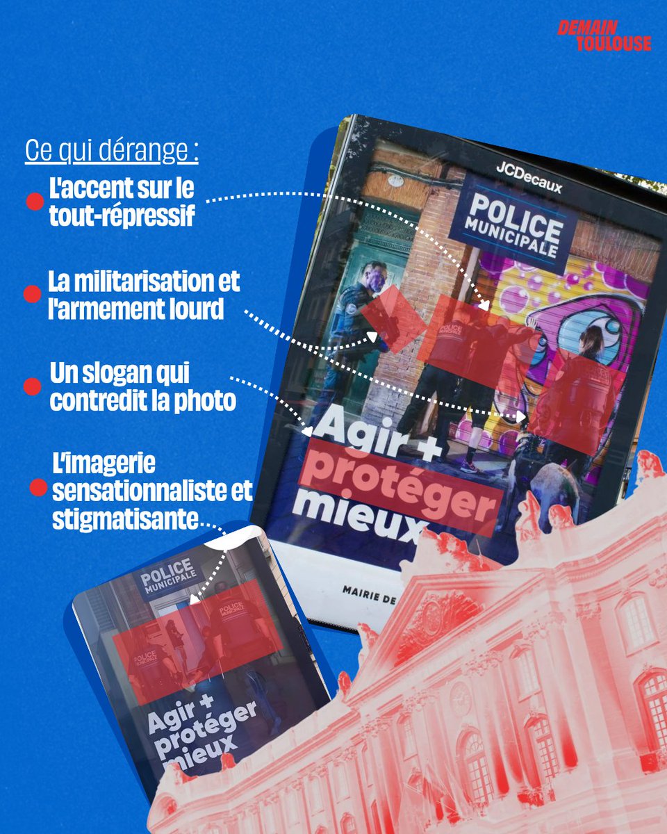 ToulouseDemain's tweet photo. Toulouse n'est pas une vitrine pour les idées de l'extrême droite.

La mairie de Toulouse rejoint les villes dirigées par l'extrême droite en lançant une campagne d'affichage mettant en scène la police municipale dans un registre sensationnaliste. https://t.co/aBdwvoTOt9