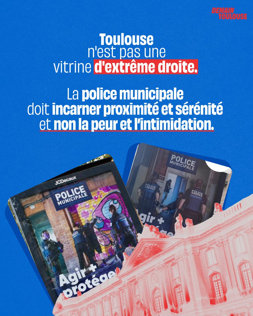 ToulouseDemain's tweet photo. Toulouse n'est pas une vitrine pour les idées de l'extrême droite.

La mairie de Toulouse rejoint les villes dirigées par l'extrême droite en lançant une campagne d'affichage mettant en scène la police municipale dans un registre sensationnaliste. https://t.co/aBdwvoTOt9