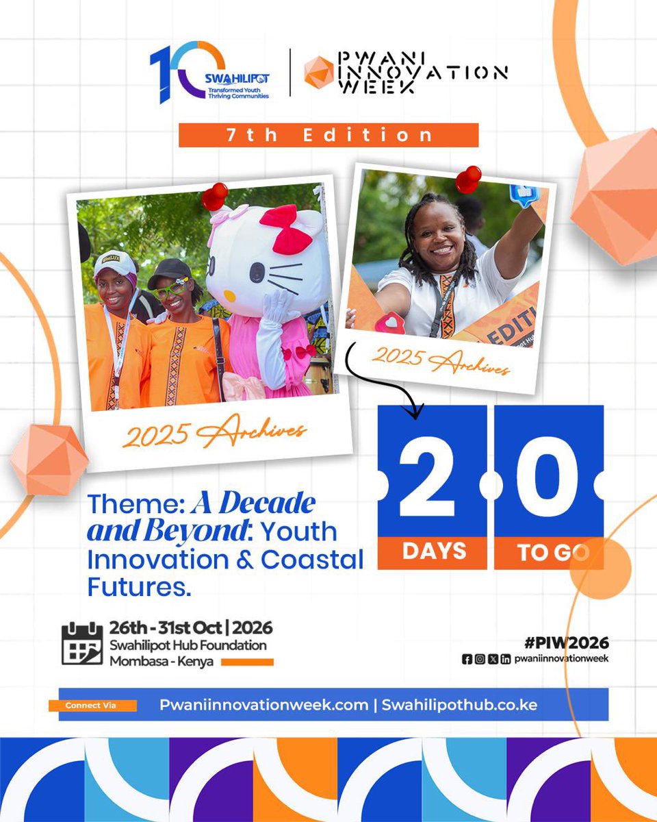 swahilipothub's tweet photo. We are exactly 20 days away from the start of the Pwani Innovation Week (PIW), 7th Edition! 
Join industry leaders, innovators, and changemakers in Mombasa from October 26th-31st. Visit https://t.co/6cC7WObJqc to learn more. #PIW2026 #SwahilipotAt10 https://t.co/8NbrvPAVWo
