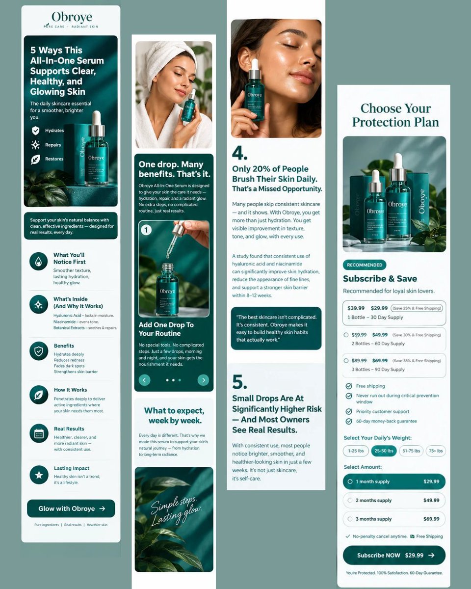 figin52639's tweet photo. Listicle-style mobile layout: benefits, how-it-works, week-by-week expectations, and a subscribe &amp; save offer section.
Designed in Figma → built in Replo.
Need a landing page that converts on mobile? DM me.
#LandingPageDesign #UIDesign #Figma #Skincare #Ecommerce https://t.co/q71Iy5YhCM
