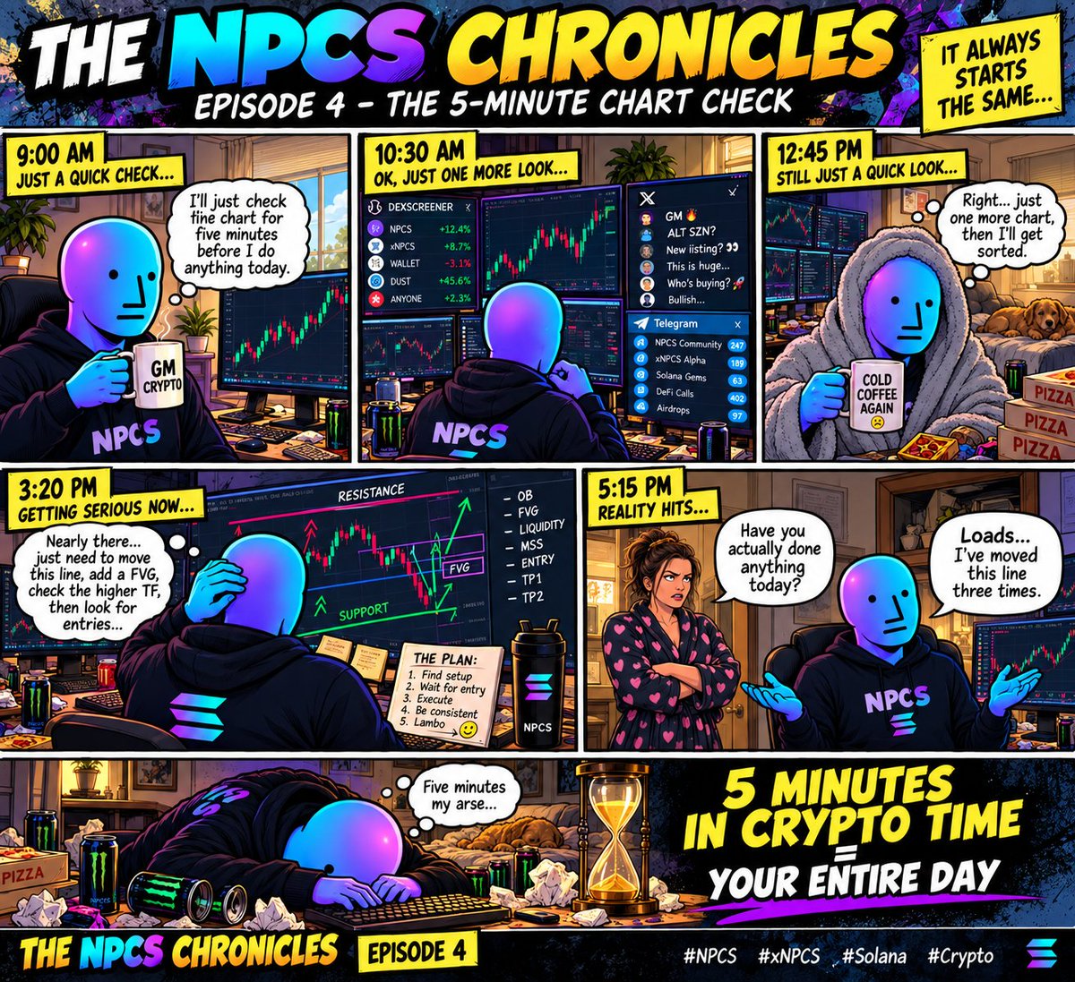 NPCS_6969's tweet photo. 📖 THE NPCS CHRONICLES — EPISODE 4

“I’ll just check the chart for 5 minutes…” ☕

8 hours later:
14 charts checked.
27 X posts read.
Telegram opened 46 times.
Coffee cold.

Absolutely nothing achieved.
Except…

I moved this line three times. 😂📈
#NPCS 🤝 $xNPCS

Two tokens. One mission.