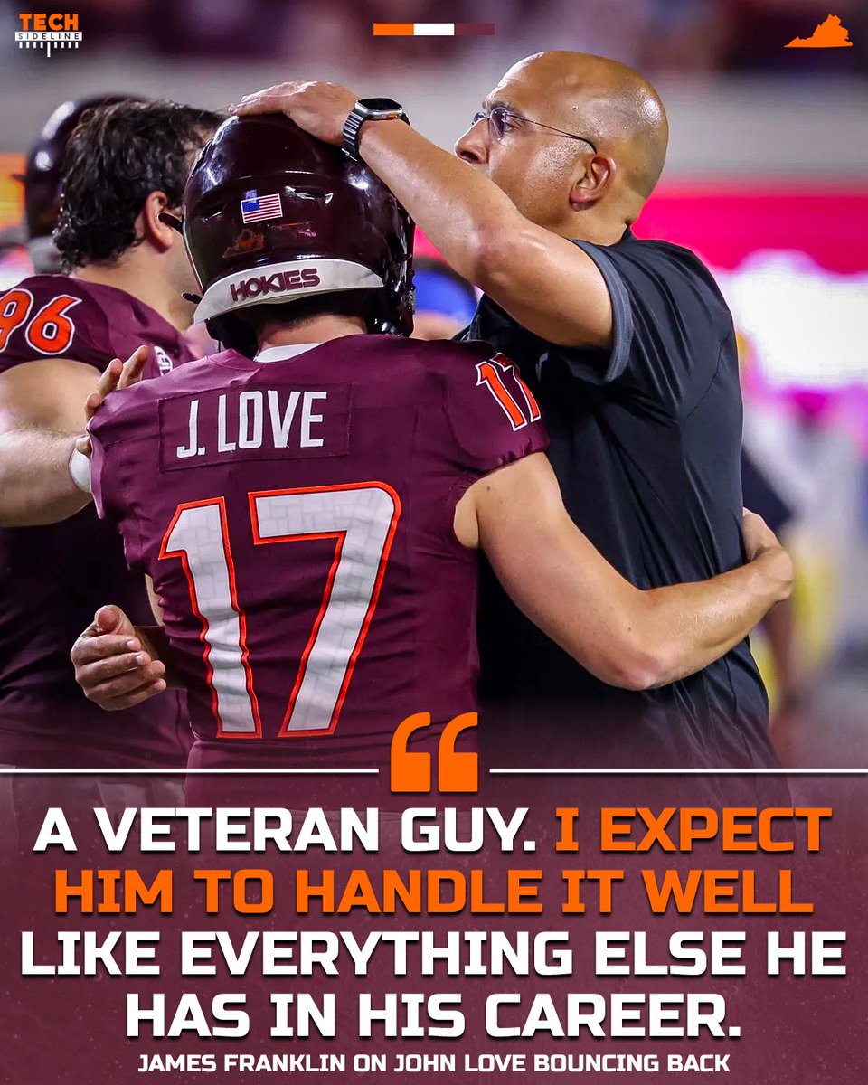TechSideline's tweet photo. James Franklin has all of the confidence in the world in John Love bouncing back.

#Hokies

📸- John Fleming https://t.co/LZK989DH3W