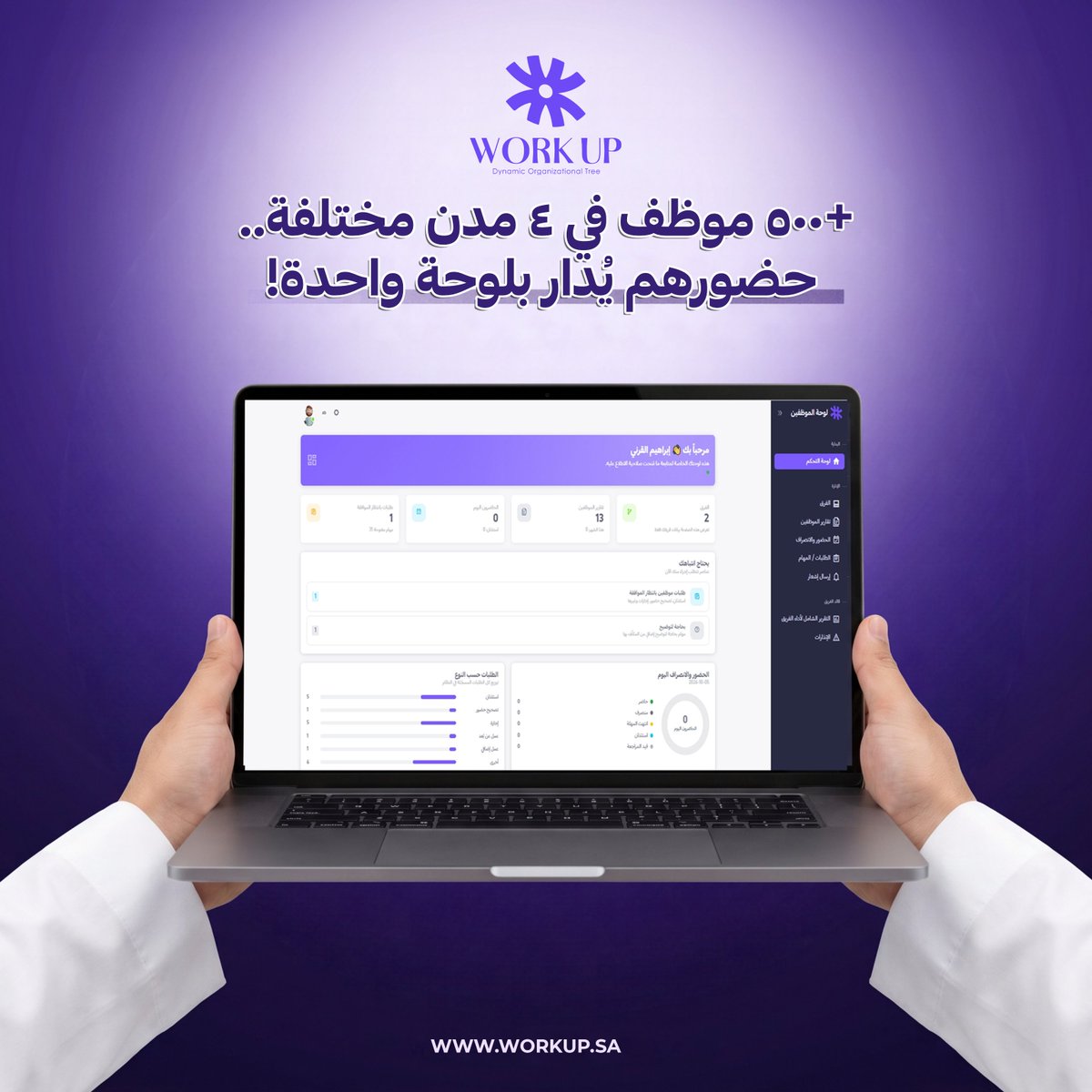 WorkUpSA's tweet photo. فروع كثيرة وموظفين أكثر؟ سيطر على حضورهم كلهم من شاشة واحدة! 📊نظام WorkUp يجمع بيانات كل فروعك في لوحة تحكم مركزية دقيقة. تواصل معنا الآن لتبسيط إدارتك! 💼#الموارد_البشرية #نظام_حضور_وانصراف #السعودية #الشركات #WorkUp https://t.co/HmWoudV5Wz