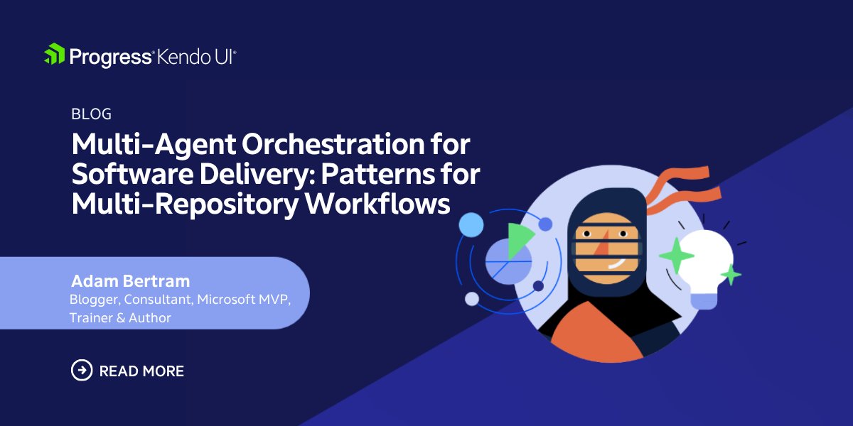 Telerik's tweet photo. Multiple AI agents. 5 repositories. 11 pull requests. 

✅ All tests green. 
❌ Still broken. 

What went wrong? 

Discover the orchestration patterns that keep multi-agent, multi-repo software delivery on track in Adam @adbertram's blog: https://t.co/A2rQl9YqKk https://t.co/6zQ6Z3bDvQ