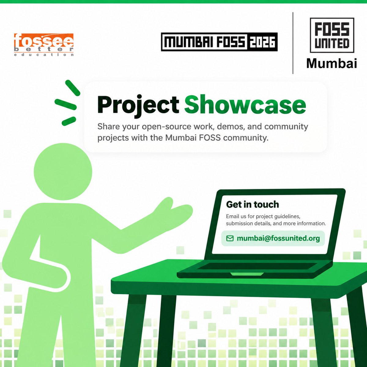 MumbaiFOSS's tweet photo. Announcing Project Showcases at MumbaiFOSS 2026! 

If you have any interesting projects you want to display at our conference, here's your chance!

Email mumbai@fossunited.org to confirm your booth!

Date: 31st October 2026
Venue: IIT Bombay https://t.co/3sGFkZf2dJ