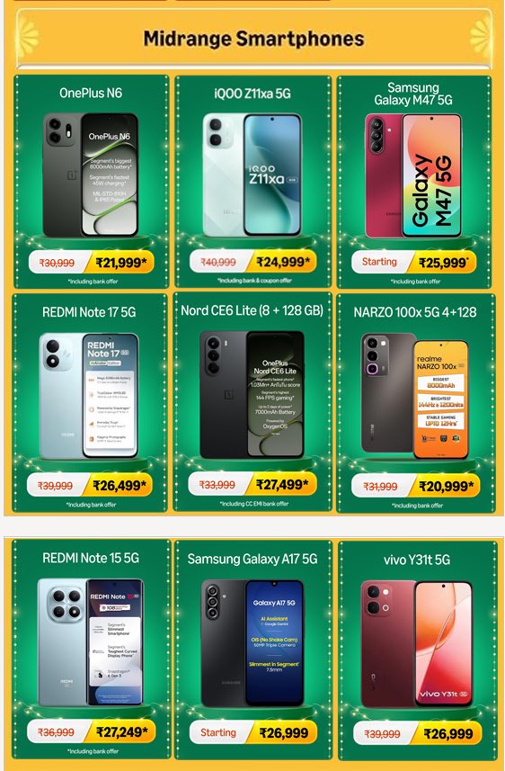 Cartidise's tweet photo. Amazon Great Indian Sale is looking strong for phones. 

If you’re planning to upgrade, I’d seriously consider buying now, especially with current smartphone prices already on the higher side.

Galaxy S25 Ultra: ₹84,999
Xiaomi 17: ₹59,999
iQOO 15R: ₹46,499
Galaxy A56 5G: ₹31,999
OnePlus Nord CE6: ₹33,999
OnePlus Nord 6: ₹42,999
iPhone 16: ₹74,999
Galaxy Z Fold7: ₹1,29,999
iQOO Z11 Lite 5G: ₹15,499

These are just some of the deals, and once this sale is over (starting October 8).

This could be one of the best windows to grab a flagship at these prices.