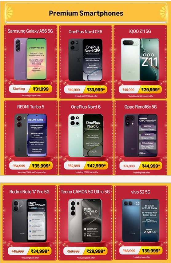 Cartidise's tweet photo. Amazon Great Indian Sale is looking strong for phones. 

If you’re planning to upgrade, I’d seriously consider buying now, especially with current smartphone prices already on the higher side.

Galaxy S25 Ultra: ₹84,999
Xiaomi 17: ₹59,999
iQOO 15R: ₹46,499
Galaxy A56 5G: ₹31,999
OnePlus Nord CE6: ₹33,999
OnePlus Nord 6: ₹42,999
iPhone 16: ₹74,999
Galaxy Z Fold7: ₹1,29,999
iQOO Z11 Lite 5G: ₹15,499

These are just some of the deals, and once this sale is over (starting October 8).

This could be one of the best windows to grab a flagship at these prices.