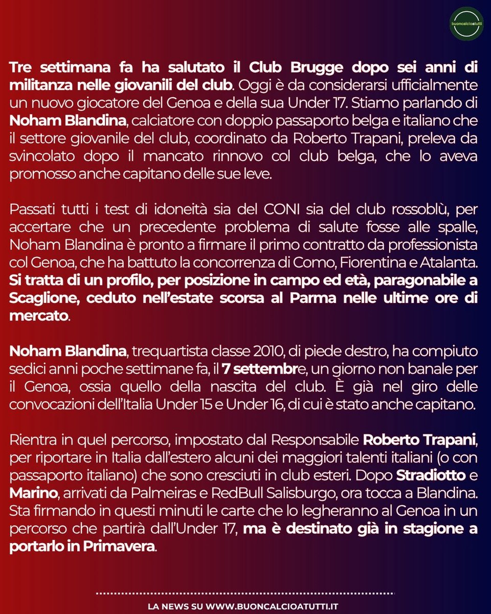 buoncalcio's tweet photo. π€π΄π΅ πππππ | Genoa preleva il classe 2010 Noham Blandina, cresciuto nel Brugge negli ultimi sei anni. Ecco la sua storia
π Leggi la notizia qui: https://t.co/QgNRgXbsx9
β‘οΈ #Genoa #Brugge #Blandina #Under17 #GenoaPrimavera https://t.co/FCfsz7UPdQ