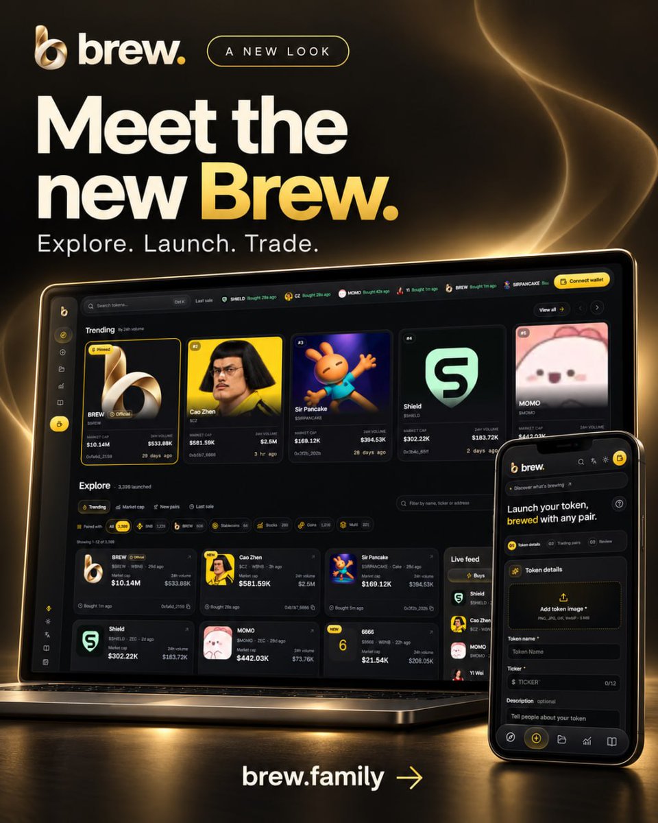 brewdotfamily's tweet photo. Brew’s upgraded website is live. ☕💛

A fresh look for the platform we’re building together. This update is part of our ongoing work to give creators, traders, and communities a better experience on Brew.

Our mission remains the same: to be the community’s launchpad on BNB Chain. From launching directly on PancakeSwap V3 without a bonding curve to exploring flexible token pairings, Brew gives builders more ways to bring their ideas to life.

Thank you to everyone who has shared feedback, flagged issues, and supported us along the way. Your input helps shape what we build next, and this release is another step forward.

Explore the updated website at https://t.co/YIUzawHc27 and let us know how it feels. 

More is brewing this Brewtober. ☕