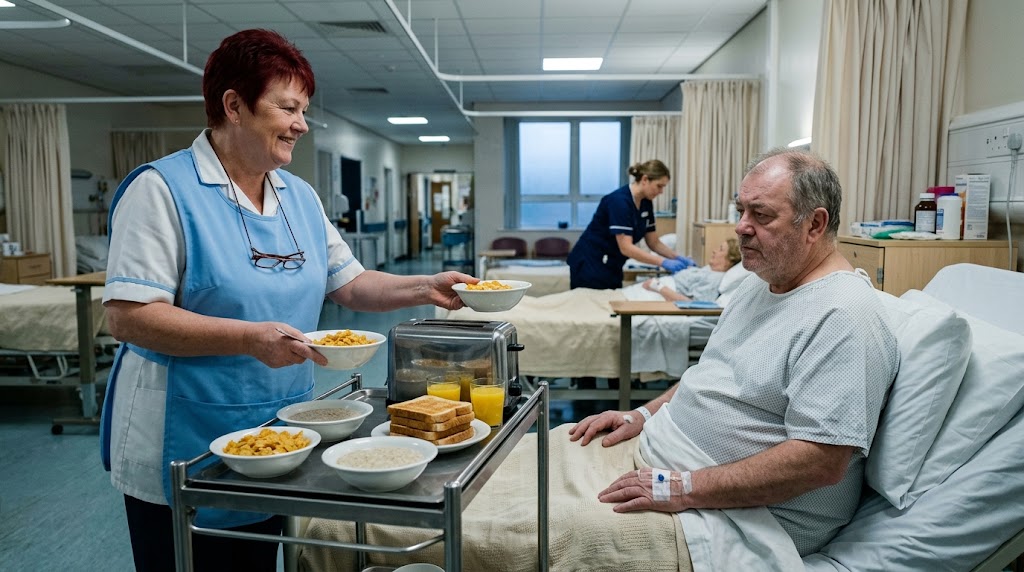 SamaHoole's tweet photo. Hospital ward, 7am. A man admitted for his type 2 diabetes, and the breakfast trolley.

Ward host: "Morning. You're on the diabetic menu, so it's cornflakes, toast and jam, or porridge. Orange juice with all of them."

Patient: "That's the diabetic menu."

Ward host: "Low fat. It's all been approved."

Patient: "Is there an egg?"

Ward host: "Not on the diabetic one, love. Eggs are on the standard."

Patient: "What happens to my blood sugar after cornflakes, toast and juice?"

Ward host: "Oh, it'll go up. Don't worry, the nurse comes round after."

Patient: "With what?"

Ward host: "Your insulin. She follows me about ten minutes behind."

Patient: "So you raise it and she lowers it."

Ward host: "We've done it that way for years."

Patient: "And what am I in for, again?"

Ward host: "Your sugars. They can't get them stable."

Patient: "No. I can hear the wheels of why."