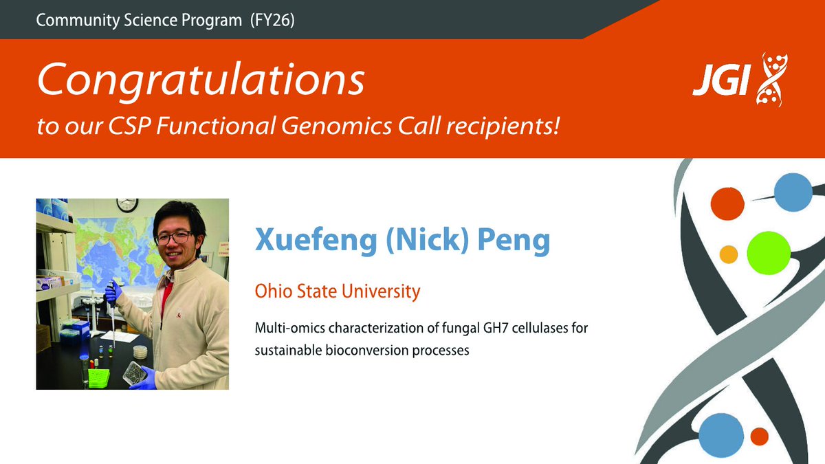 jgi's tweet photo. From our FY26 Functional Genomics call: Ocean fungi produce enzymes that break down hard-to-degrade polymers. Xuefeng (Nick) Peng will use biodesign and multi-omics to test new GH7 enzymes and map how they convert polymers into useful sugars.

More: https://t.co/4ZjeFYpklB https://t.co/R3khSie2DN