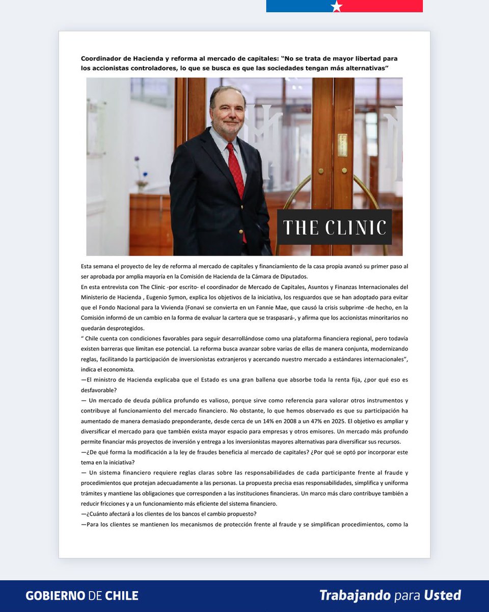 Min_Hacienda's tweet photo. 🗞️ El coordinador de Mercado de Capitales de Hacienda, Eugenio Symon, en The Clinic: "Chile cuenta con condiciones favorables para seguir desarrollándose como una plataforma financiera regional". La reforma avanzó esta semana en la Comisión de Hacienda de la Cámara. 🇨🇱 https://t.co/OA0grkHwsy