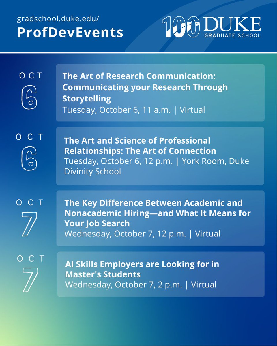 DukeGradSchool's tweet photo. Blue Devils, don't miss these professional development events this week. For more info and to register, visit https://t.co/kPFXv2Qq5i. https://t.co/gIOqCzgSeC