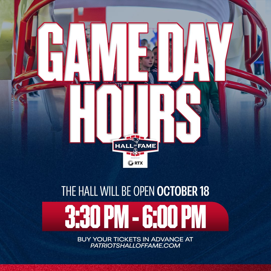 TheHall's tweet photo. Looking for something to do after Sunday's game? Then visit the Patriots Hall of Fame, open 3:30 PM - 6:00 PM!

Get your tickets in advance at https://t.co/7FiVMi86c6 https://t.co/fG3afbVrSM