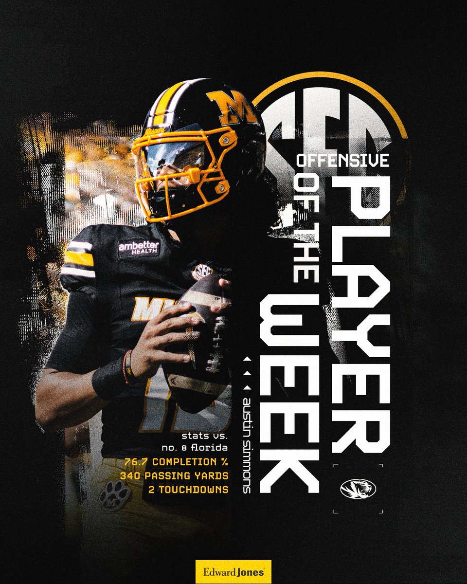 MizzouFootball's tweet photo. .@SEC Offensive Player of the Week! ⭐️

@austnsimmons 🚀 https://t.co/kN7WQrKVzT