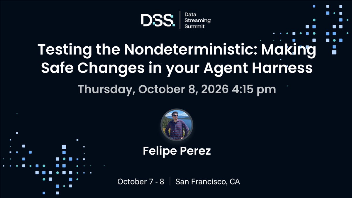 apache_pulsar's tweet photo. Your agent is nondeterministic. Your testing strategy can’t be.
At #DSS26, OpenAI’s Felipe Perez will share how his team built in-code evals to catch regressions, validate agentic workflows, and safely evolve an enterprise agent harness.
Explore + register: https://t.co/BTciAUgcDI
#DSS26 #AIAgents #Evals