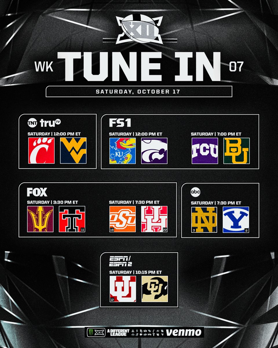 Big12Conference's tweet photo. Week 7️⃣ TV Times 📺⏰ https://t.co/Ulah3zYeVm