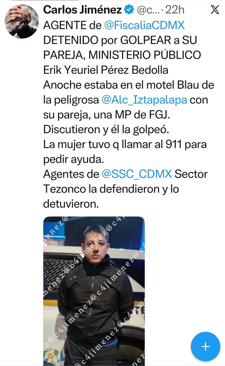 c4jimenez's tweet photo. LA GOLPEÓ, LA ESTRANGULÓ, la PATEÓ en el PISO…
Es el agente de @FiscaliaCDMX Erick Pérez, detenido por @SSC_CDMX acusado de golpear en un motel, a su pareja, quien es Ministerio Público.
La víctima contó q discutieron y luego la golpeó.
El agente no permitió q el médico legista lo revisara, pero se reportó q tenía marcas en las manos producto de los golpes q le propinó a su víctima.