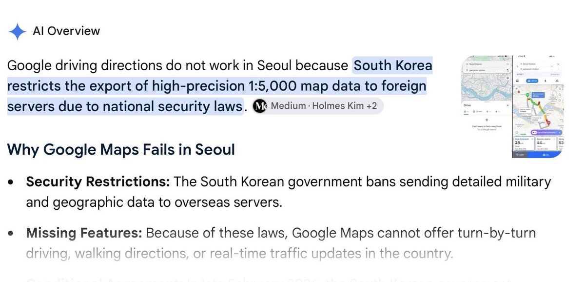 AlexTerego79's tweet photo. I usually rely on Google Maps for basic indication of my ETA to the next destination. I was very surprised to see that Google Maps was only offering me public transport information and literally couldn’t build a driving route.. and then It all became clear… I’m impressed with South Korea’s security policies, and a bit baffled by the fact that google chose not to put any servers in South Korea to get the data…