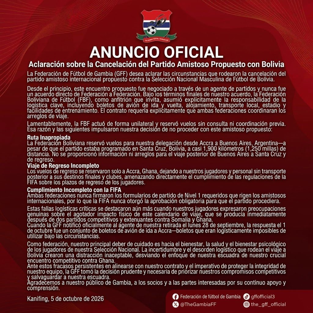abrahamafcha's tweet photo. Si es a nivel de comunicados, Gambia acaba de GOLEAR a la Federación Boliviana de Fútbol al momento de explicar la cancelación del partido:

*Errores logísticos de parte de la FBF.
*Vuelos mal coordinados desde GHANA A BUENOS AIRES (?)
*FIFA nunca dio la aprobación del partido https://t.co/ga55F1aLMv