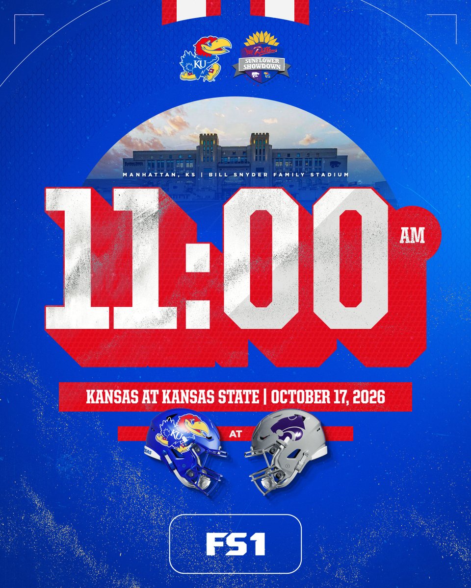 KU_Football's tweet photo. Morning kick in Manhattan ⏰

Kansas at Kansas State
Oct. 17 • 11 AM CT • FS1 https://t.co/taofSo1XB2