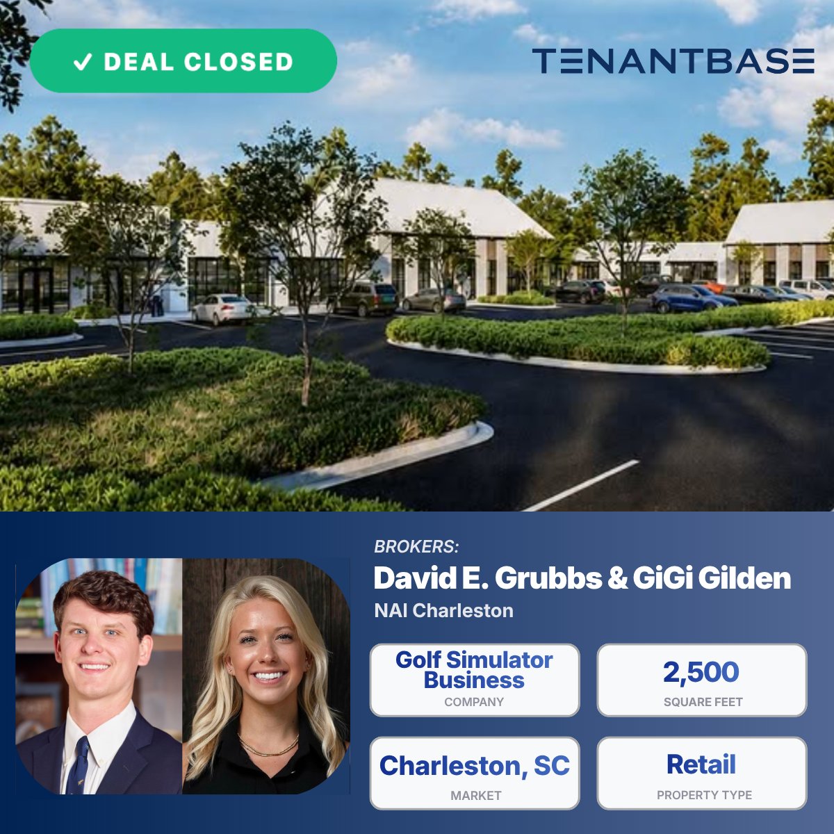 TenantBase's tweet photo. Deal Closed ✅
David E. Grubbs and GiGi Gilden of NAI Charleston closed a 2,500 SF retail lease for a golf simulator business in Charleston, SC, introduced through TenantBase’s broker network. ⛳️
#TenantBase #DealClosed #CharlestonCommercialRealEstate #RetailRealEstate #CRE https://t.co/SMkoRmffAN