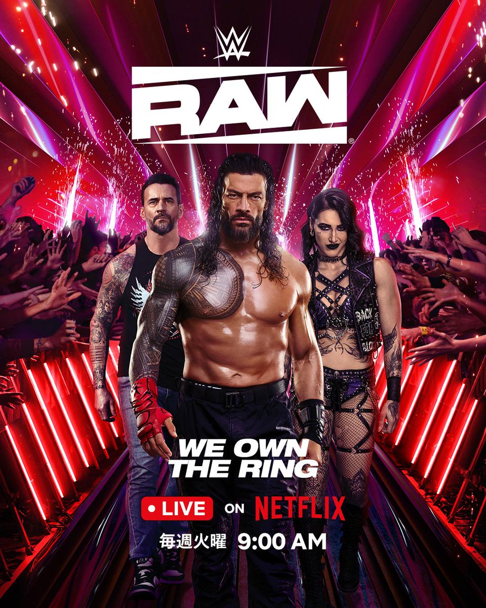 NetflixJP's tweet photo. ━━━━━━━━━━━━
　『WWE Raw』
　ライブ配信スタート！
━━━━━━━━━━━━

WWEの時代を切り開いてきた
スーパースターたちが
リングの上で火花を散らし、
鍛え抜かれた肉体がぶつかり合う！

今後も毎週【火曜9:00AM】
臨場感あふれる激闘を
ライブ配信🔴

#WWE
#WWERaw https://t.co/Wm9ozzIXDq