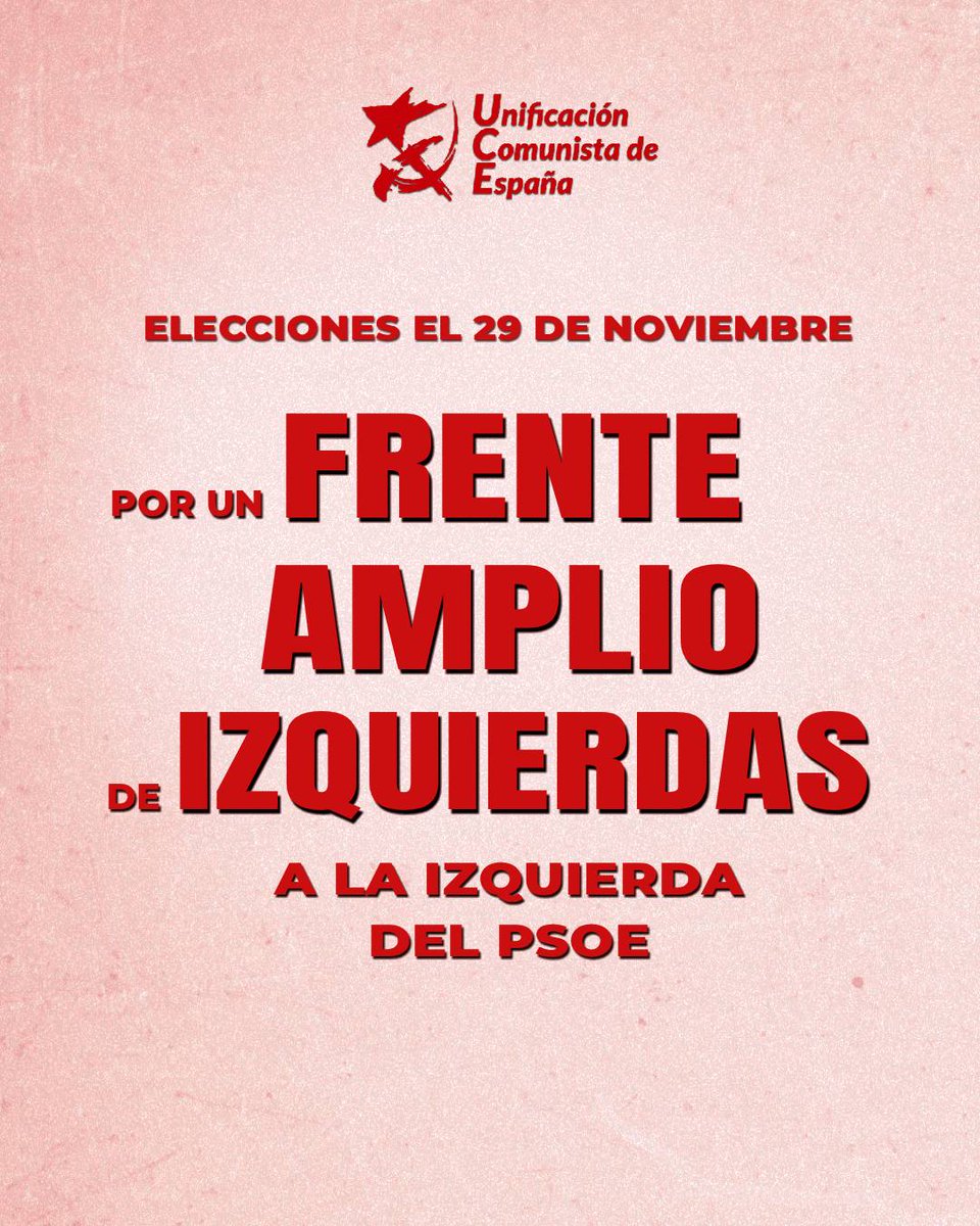 UCEspana's tweet photo. Elecciones el 29 de noviembre. 

Necesitamos un frente amplio a la izquierda del PSOE que movilice a la gente progresista para las próximas elecciones.

Es el momento, más que nunca, del entendimiento de la izquierda.

Es el momento de dejar a un lado las diferencias y poner por delante todo lo que une, que es mucho.

Es demasiado lo que nos jugamos.

#eleccionesespaña

👇👇👇
