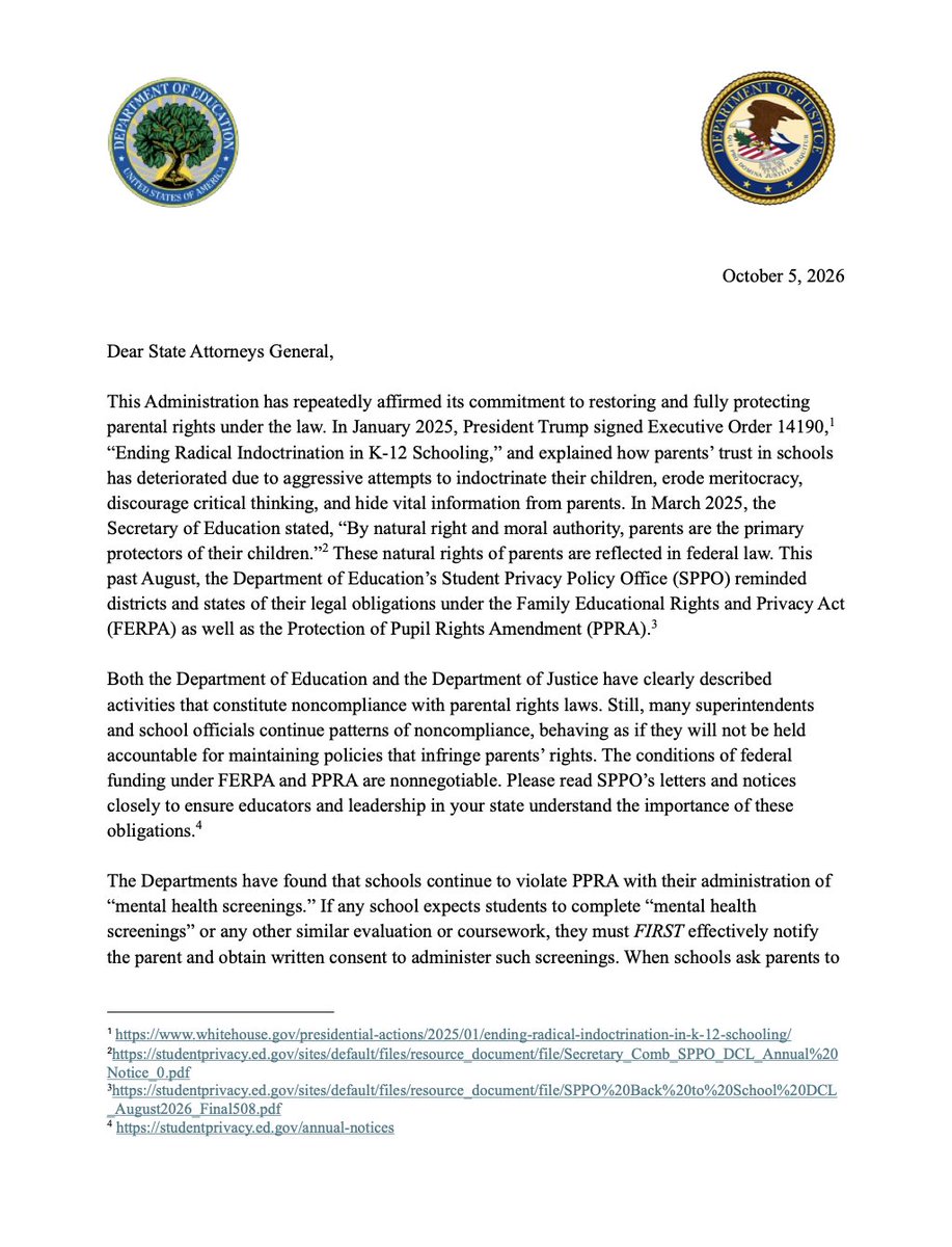 KatiePavlich's tweet photo. DOJ and DOE issue a letter confirming parents are indeed not terrorists - emphasizing that counter to the teachers unions and Biden's DOJ, parents do have a say in their child's education https://t.co/dKFnKh9WW6