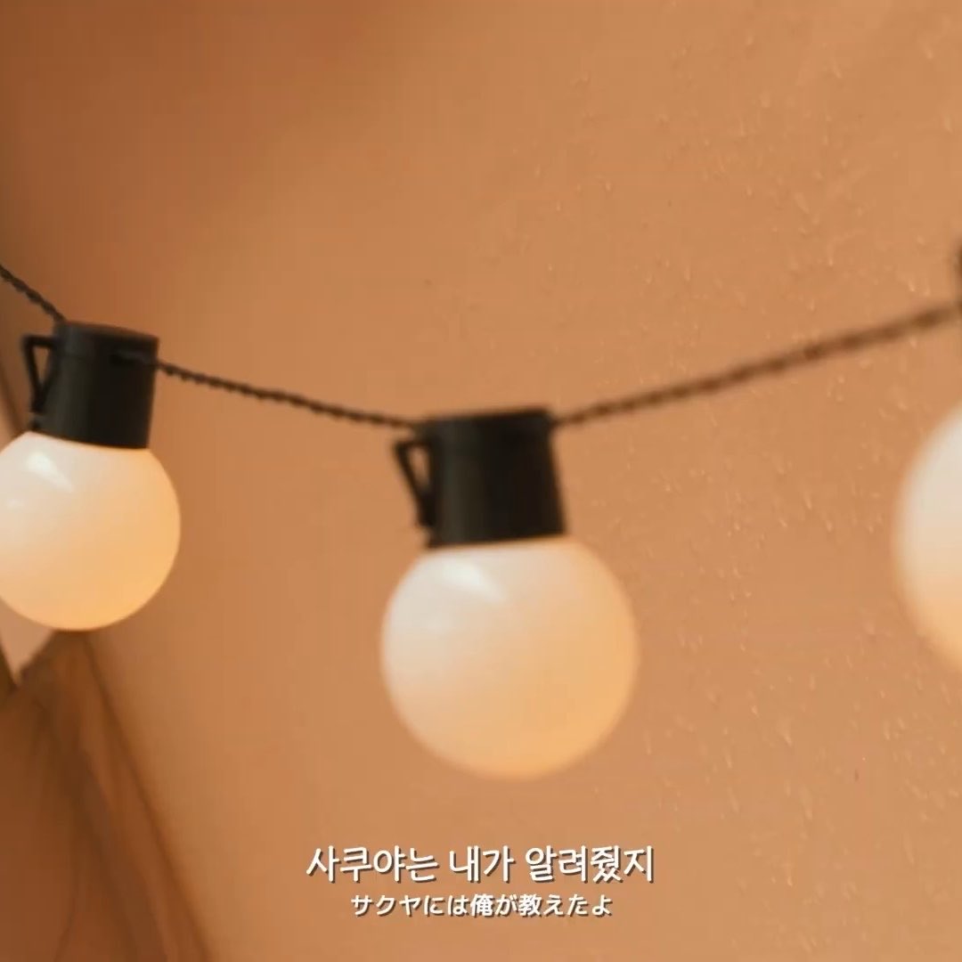 A string of warm white globe lights hangs against a peachy wall, with Korean and Japanese subtitles at the bottom reading "사쿠야는 내가 알려줬지" and "サクヤには俺が教えたよ" (meaning "I taught Sakuya"), which ties into the post's playful claim about teaching Yuushi the game of Sakuya (chess).