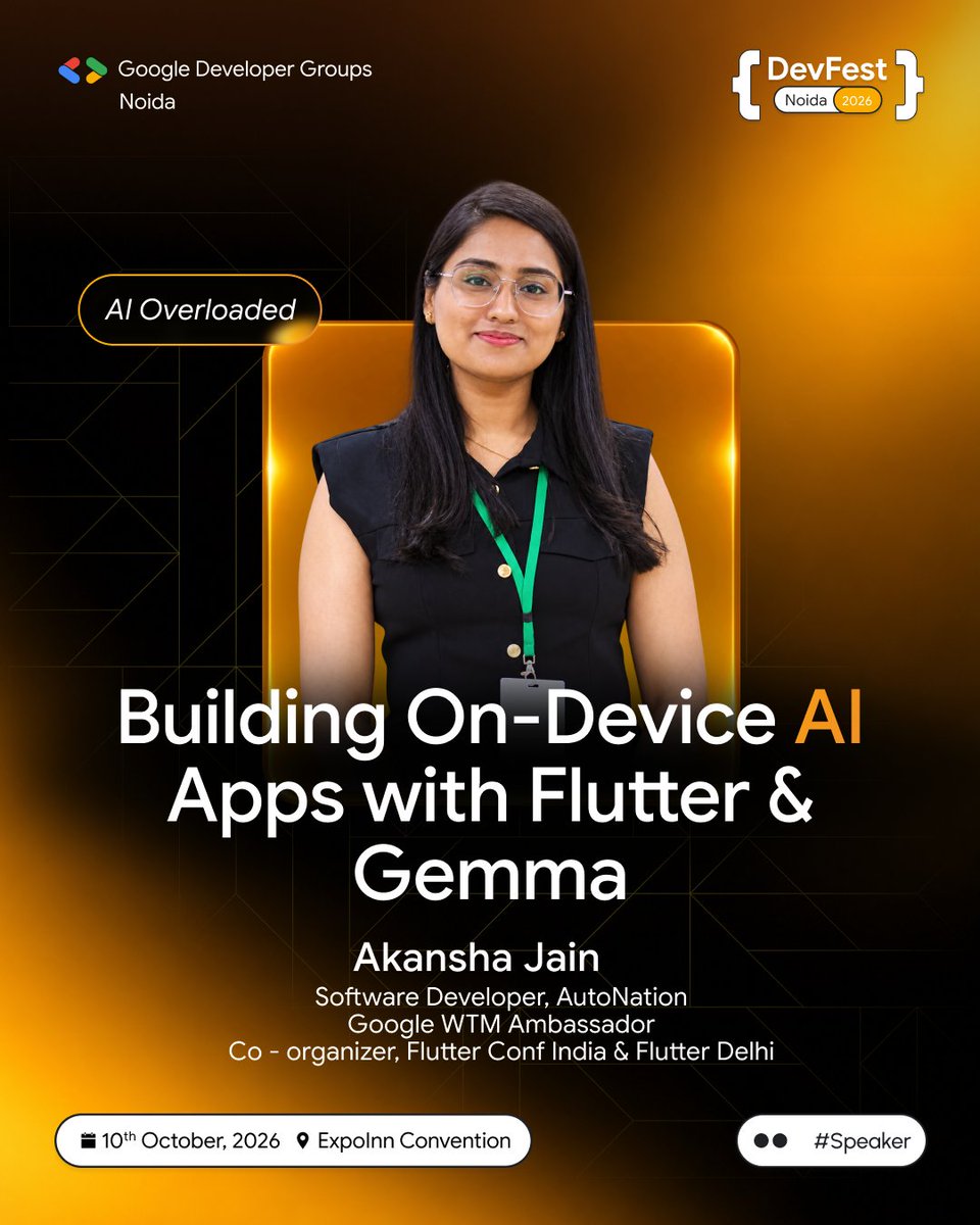 gdg_noida's tweet photo. AI is moving beyond the screen. π€
Meet Akansha Jain as she explores on-device AI with Flutter & Gemma.
π
10 October 2026
π Expo Inn Convention
#DevFestNoida #DevFest2026 #GDGNoida #AI #Flutter https://t.co/HquPnDQGLQ