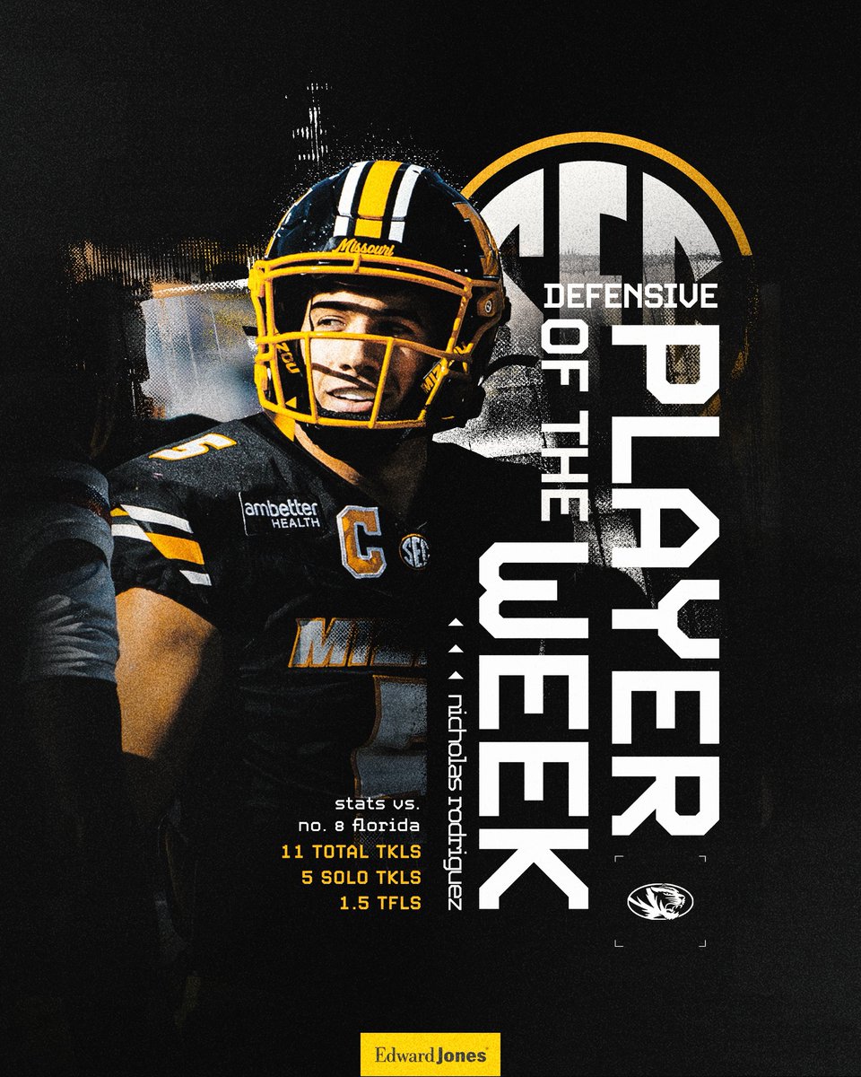 MizzouFootball's tweet photo. .@SEC Defensive Player of the Week! ⭐️

@n_rodriguez5 💪 https://t.co/qa4A8EA7CK