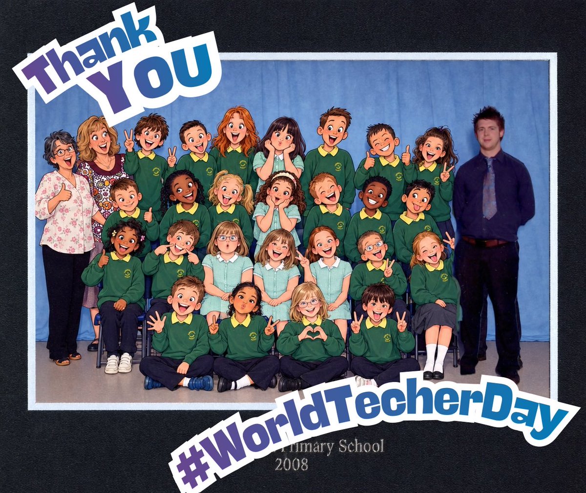 MarkHartwright's tweet photo. From one teacher to another. Thank you. 
The job every single teacher is doing today is incredible. 
So hopefully to bring you a little giggle, here’s one of my first class photos. 
Happy #WorldTeacherDay from me and all at @SMART_Tech  #WeAreSMART https://t.co/KRNLIyVZhq