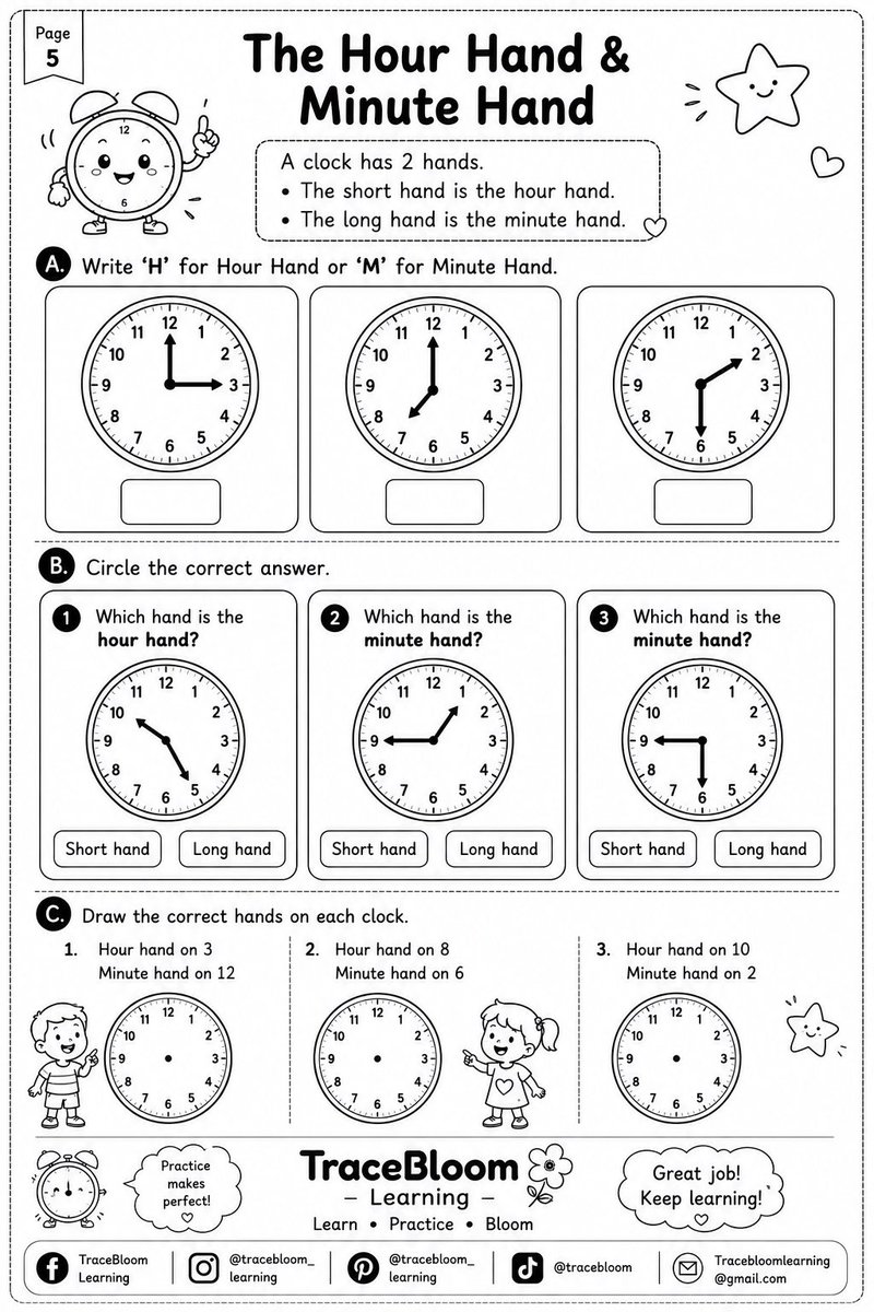 TracebloomL's tweet photo. Help children learn to tell time with printable Grade 2 Maths worksheets from TraceBloom Learning. Practise reading analogue clocks, identifying hour and minute hands, matching digital times, drawing clock hands, e.t.c

  Explore more resources:
  https://t.co/q2dMqhnmV9 https://t.co/CoYwAqwxLB