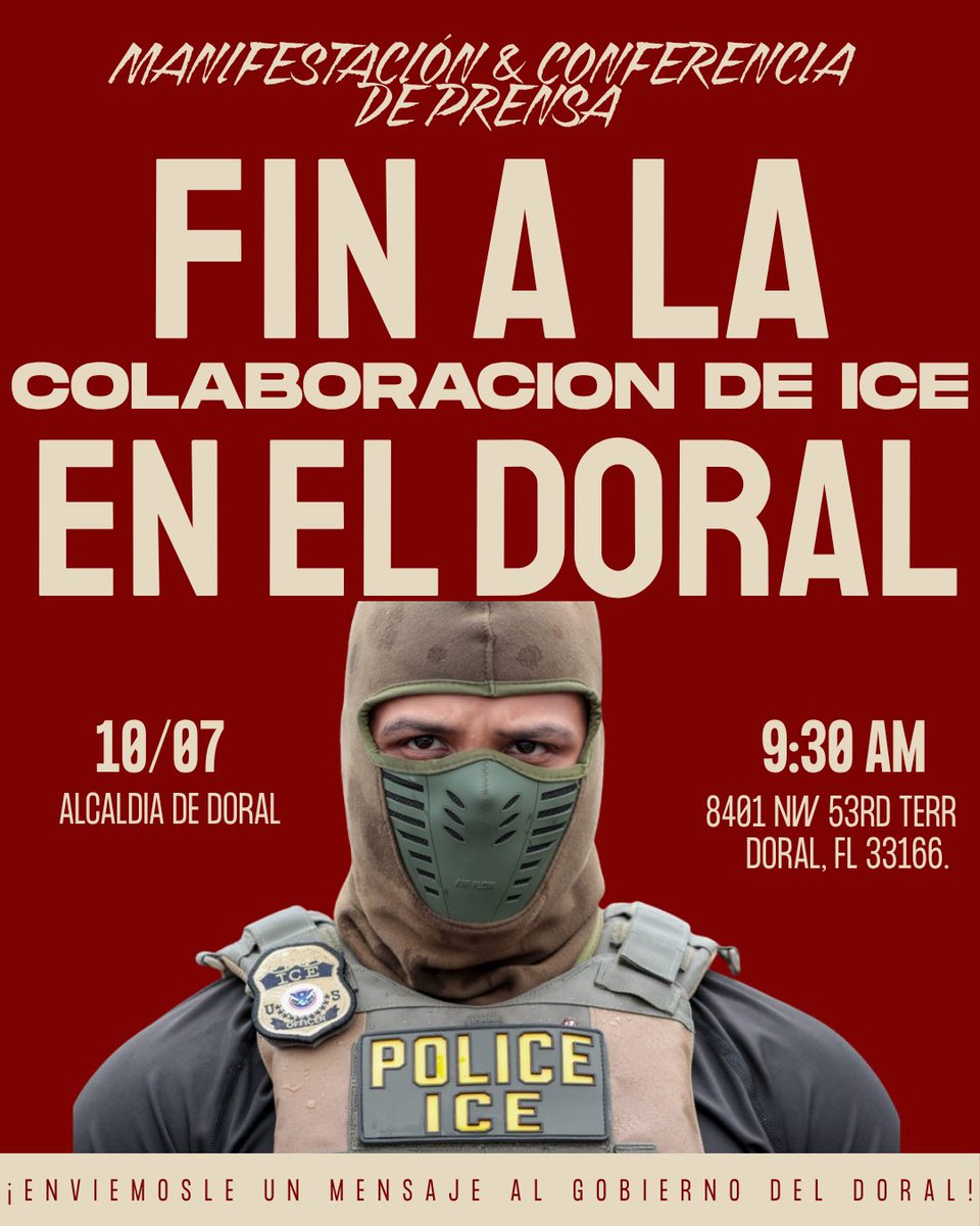 tomaskenn's tweet photo. ICYMI: Doral is having its city council meeting this upcoming Wednesday and what’s not in the agenda is the 287g contract city officials needlessly signed, establishing municipal police collaboration with ICE. Turn out and tell the mayor and council-members to exit the agreement. https://t.co/ae6Yw7ZCOn