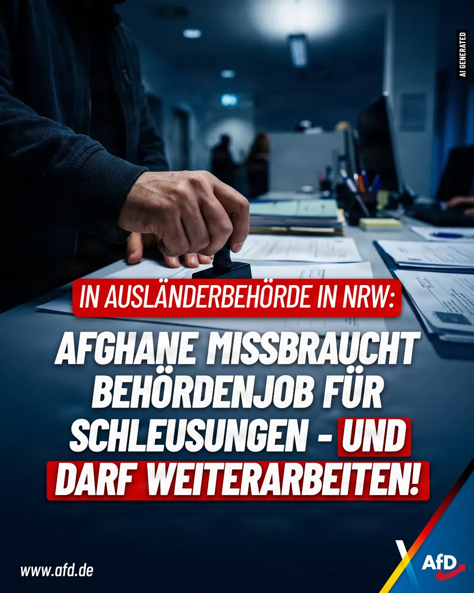 AfD's tweet photo. In mindestens 24 Fällen manipulierte der afghanische Sachbearbeiter Aufenthaltstitel. CDU-Oberbürgermeister Kalouti und seine Verwaltung schauten weg und erteilten sogar ein tadelloses Arbeitszeugnis. Dieses Behördenversagen gefährdet die Sicherheit unseres gesamten Landes. https://t.co/Po87BKlnnr