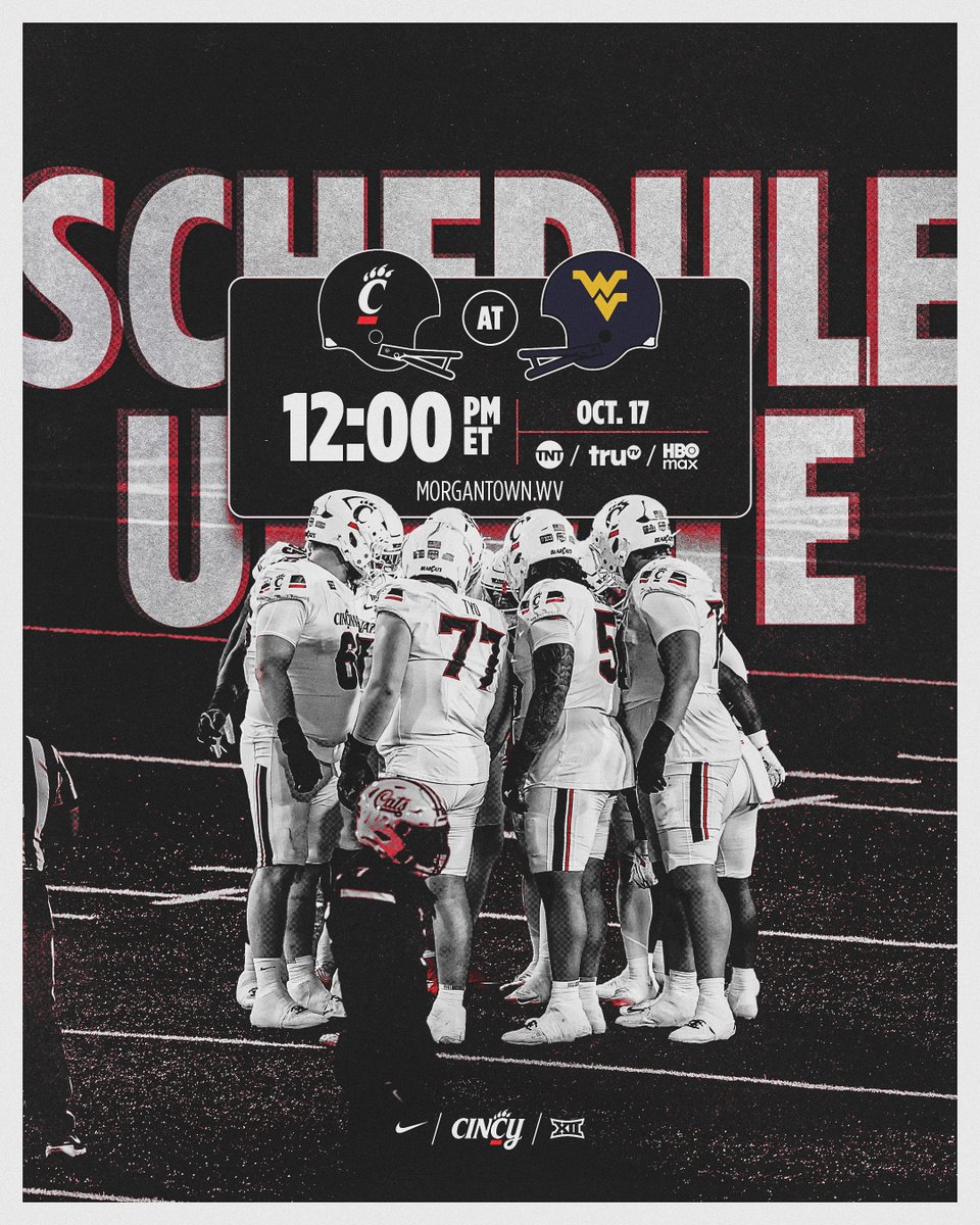 GoBearcatsFB's tweet photo. GAME TIME ANNOUNCEMENT

Sat. Oct. 17 - Cincinnati at West Virginia: 12:00 PM ET on TNT (simulcast - truTV / HBO Max) https://t.co/qvh0UqTjrx