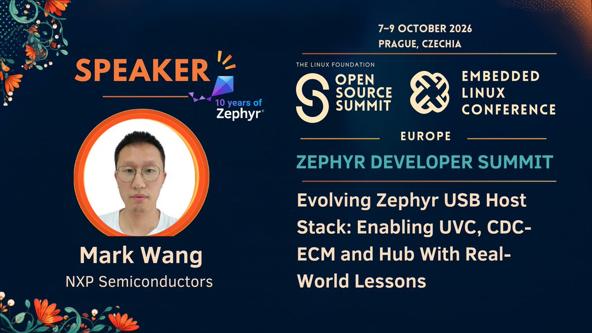 ZephyrIoT's tweet photo. Join Mark Wang of NXP at the Zephyr Developer Summit in Prague for lessons on enabling UVC, CDC-ECM, and USB Hub support in Zephyr’s evolving USB host stack, including challenges and remaining gaps. https://t.co/a1t7HvuyRs https://t.co/vHZAN7rhHU